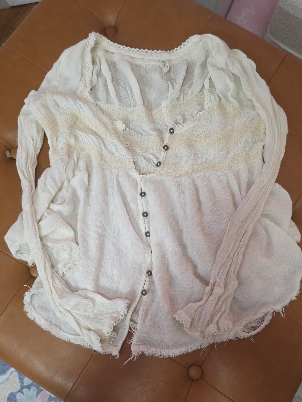 XS Free People Cream Button-Front Smocked Peasant Blouse